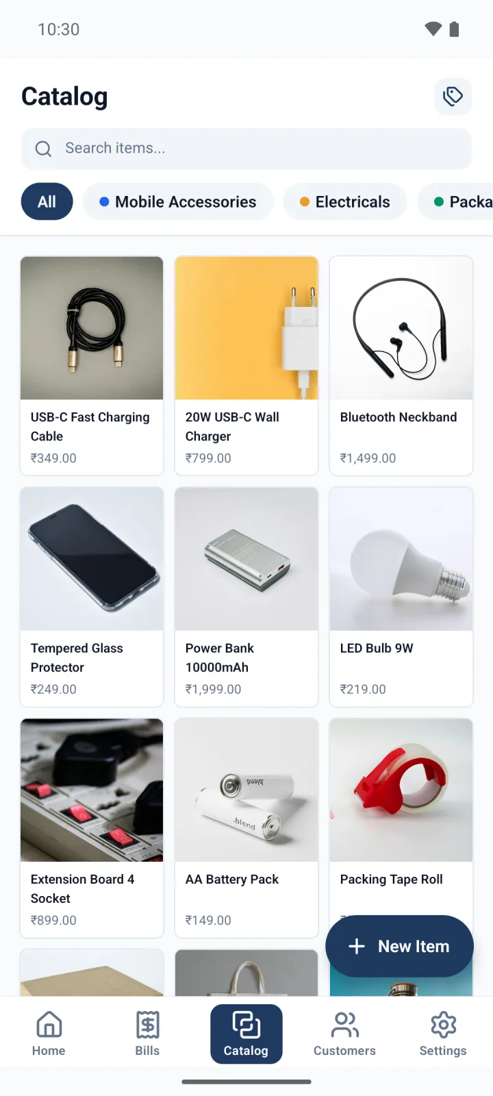 Billzzi mobile catalog showing items with photos and prices