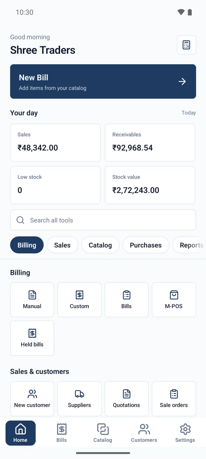Billzzi mobile home screen showing today's sales, receivables, and stock