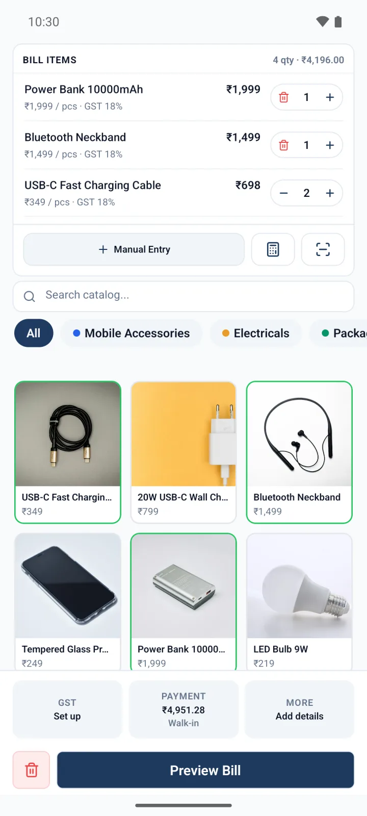 Billzzi mobile new bill screen with catalog items and bill total
