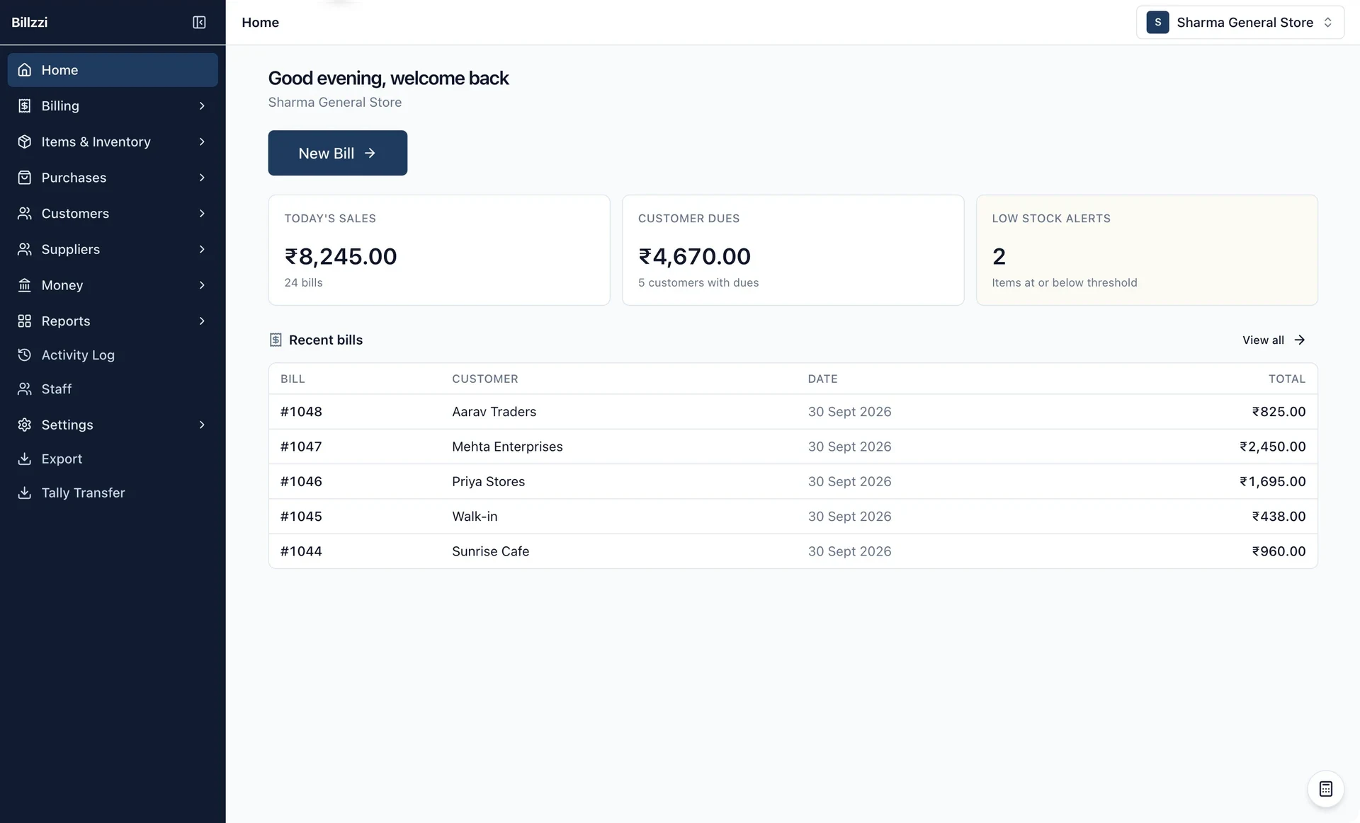 Billzzi desktop dashboard showing sales, customer dues, stock alerts, and recent bills