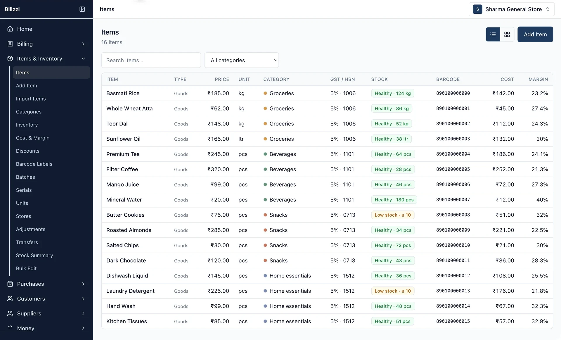 Billzzi desktop inventory showing item prices, categories, stock levels, and margins