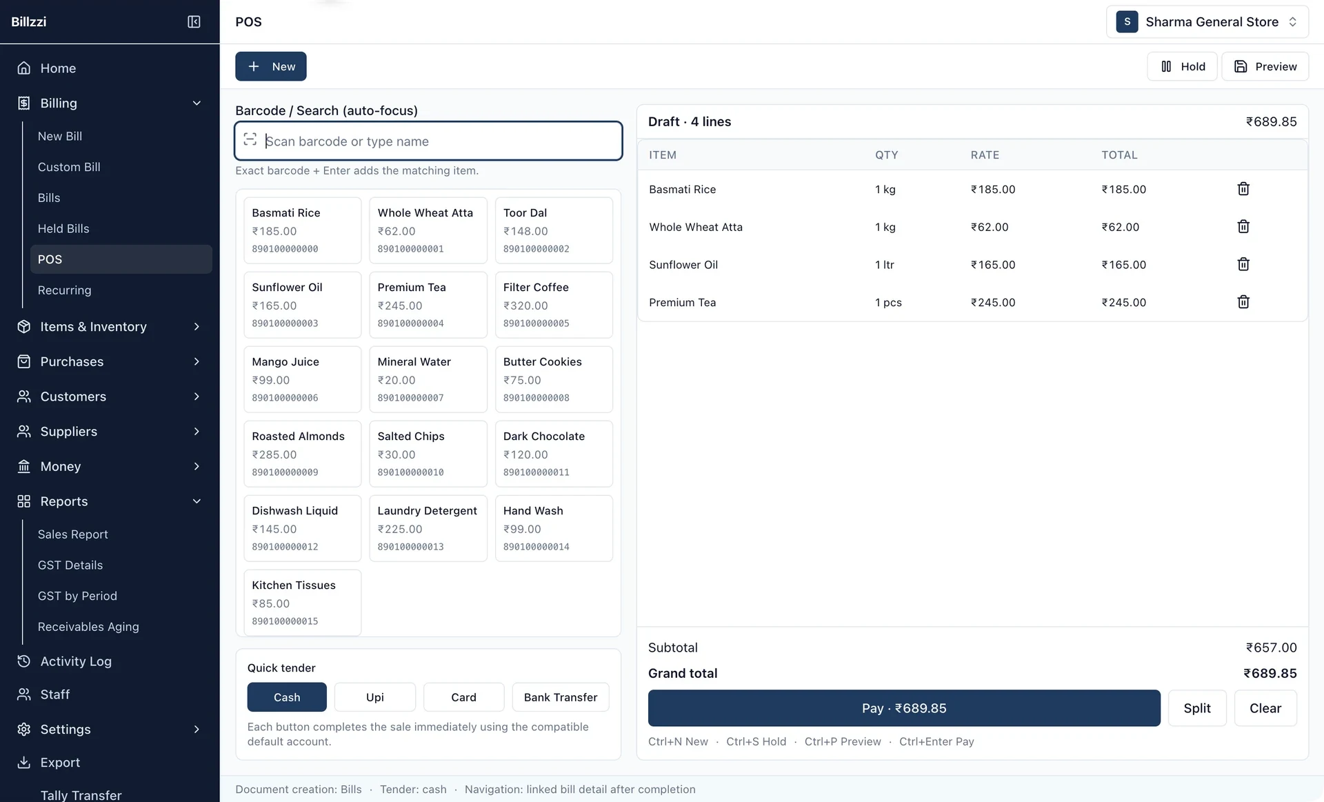 Billzzi desktop point of sale with a product catalog, current bill, and payment methods