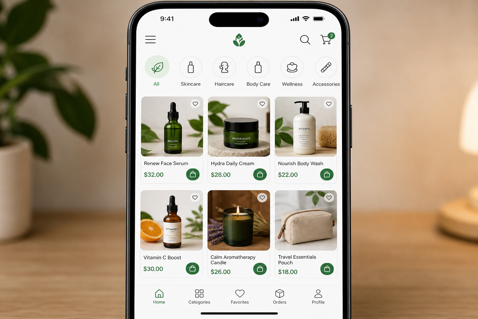 Smartphone screen showing a product catalog with categories and prices
