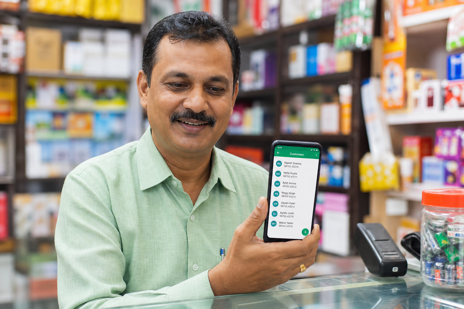 Indian shop owner managing customer list on a smartphone app