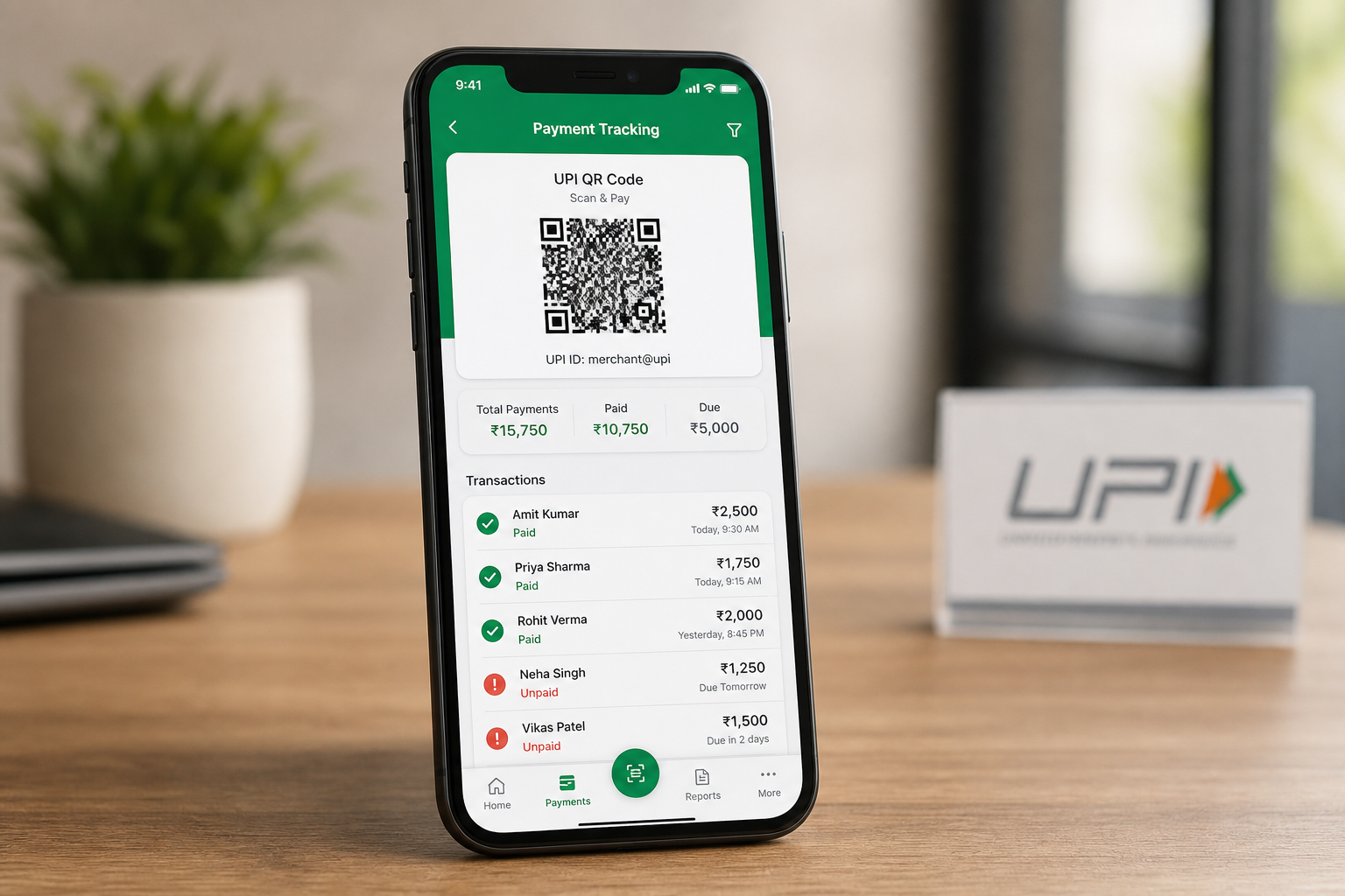 Smartphone screen showing payment tracking with UPI QR code and status indicators