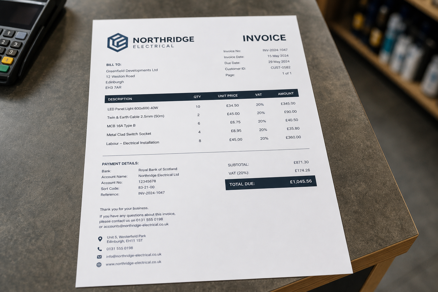 Professional A4 invoice document printed on paper on a shop counter