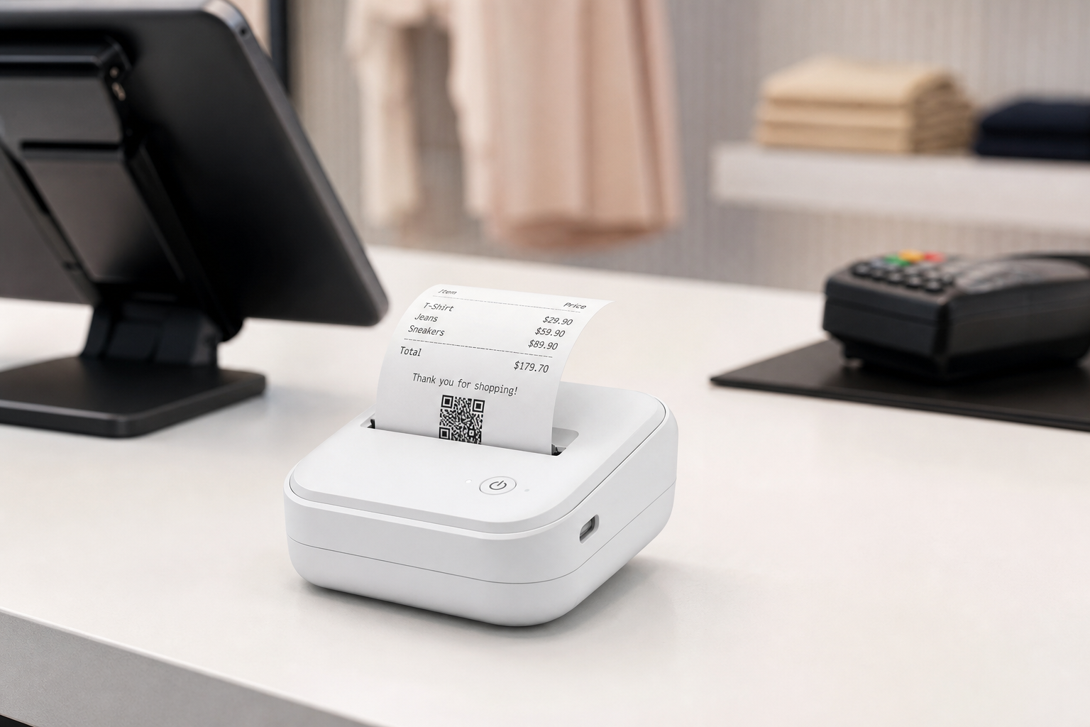 Bluetooth thermal receipt printer on a shop counter printing a receipt