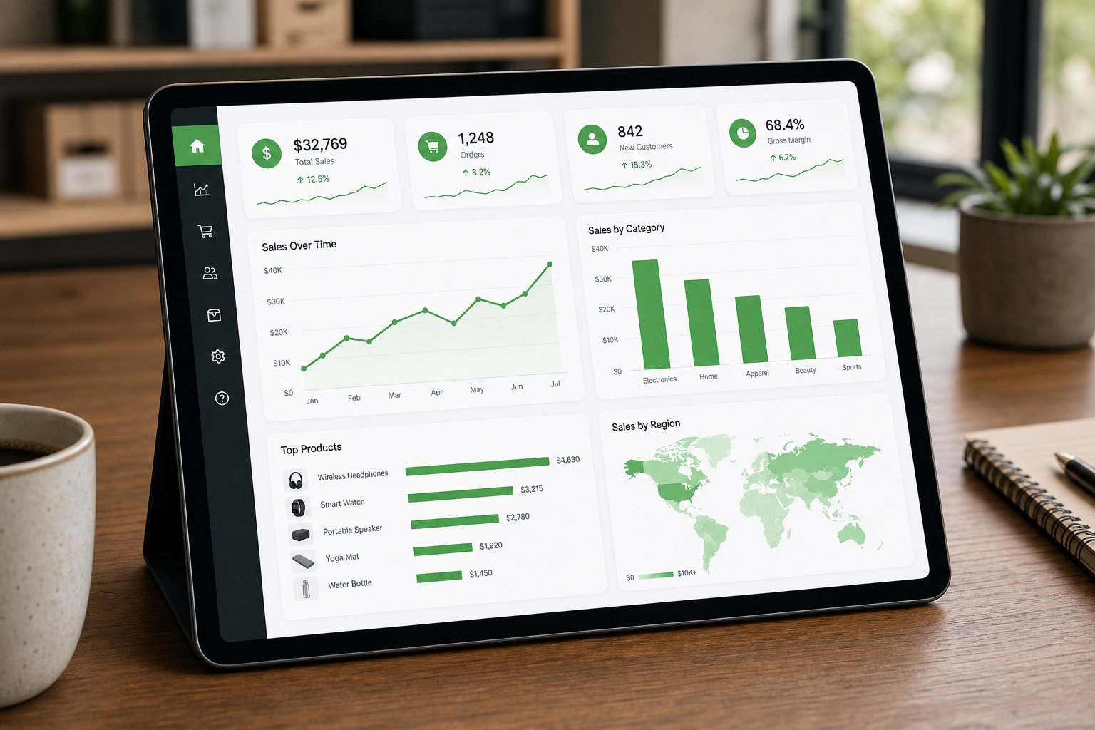 Sales analytics dashboard on a tablet showing charts and reports