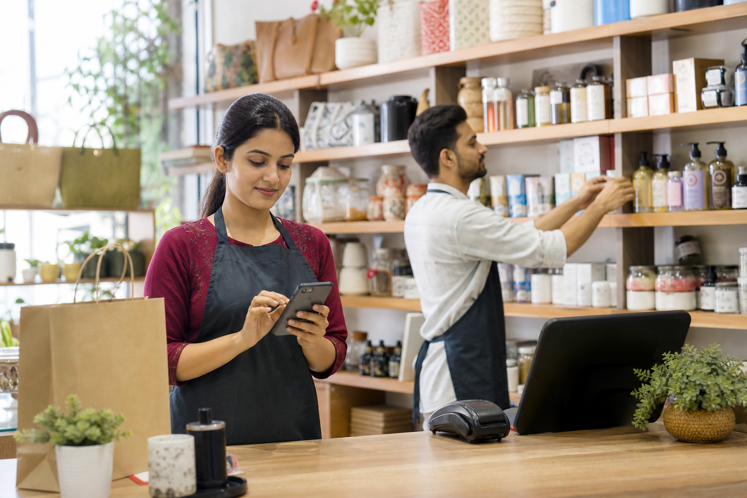 Two staff members in an Indian shop, one billing on a phone
