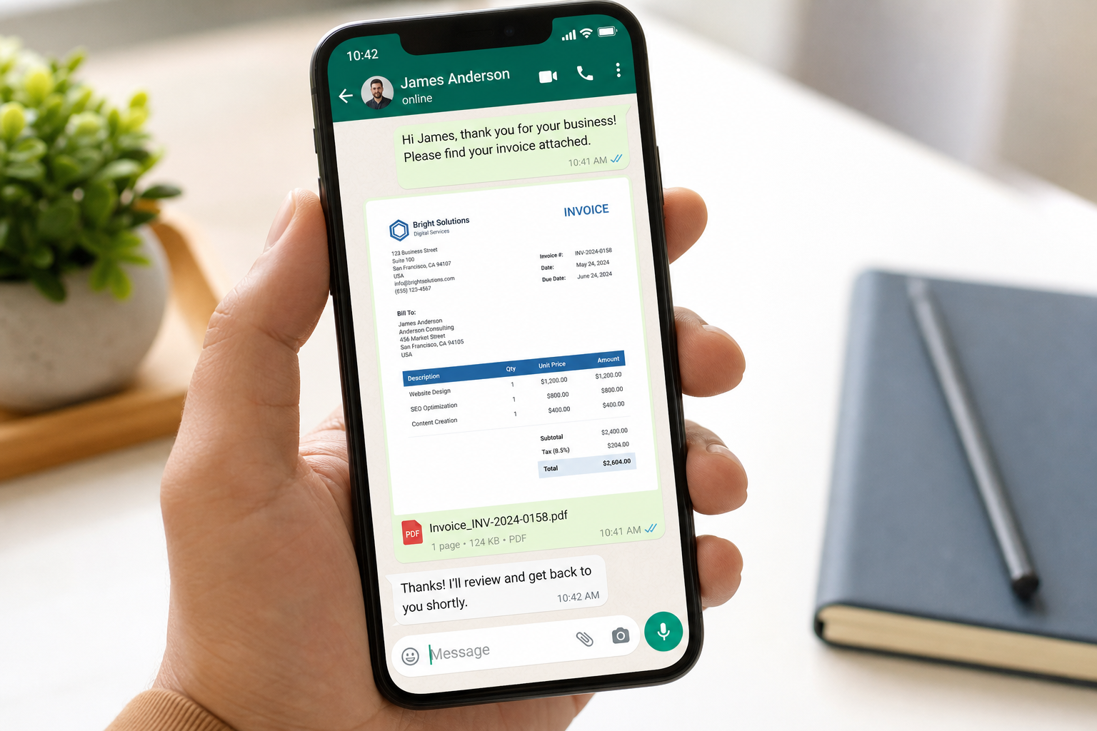 WhatsApp conversation showing a professional invoice being shared