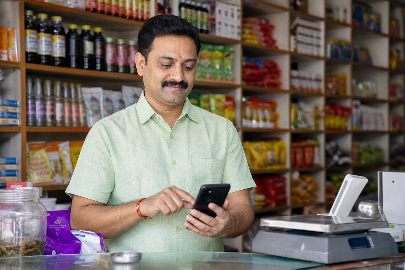 Indian shop owner using a smartphone for billing in a modern shop